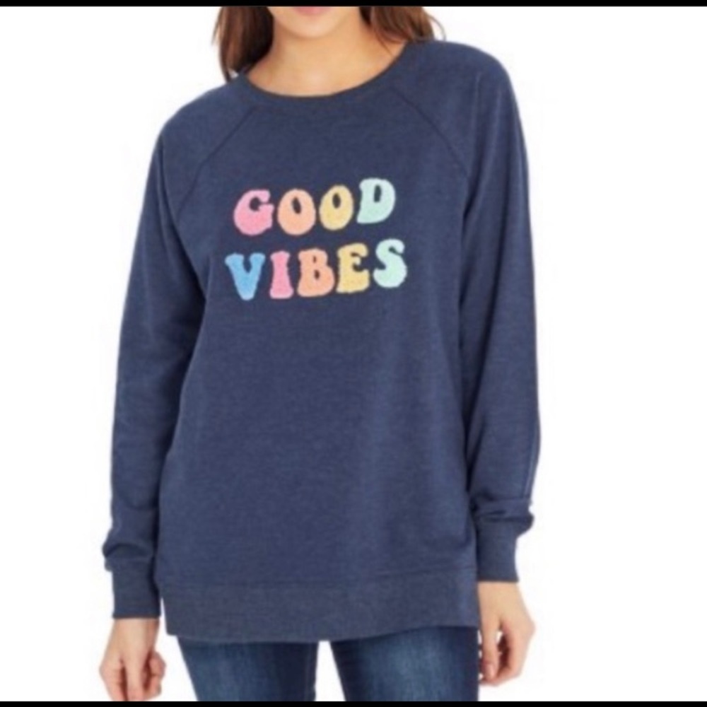 Wildfox Good Vibes Navy Crewneck Fleece Pullover Sweatshirt Size Medium